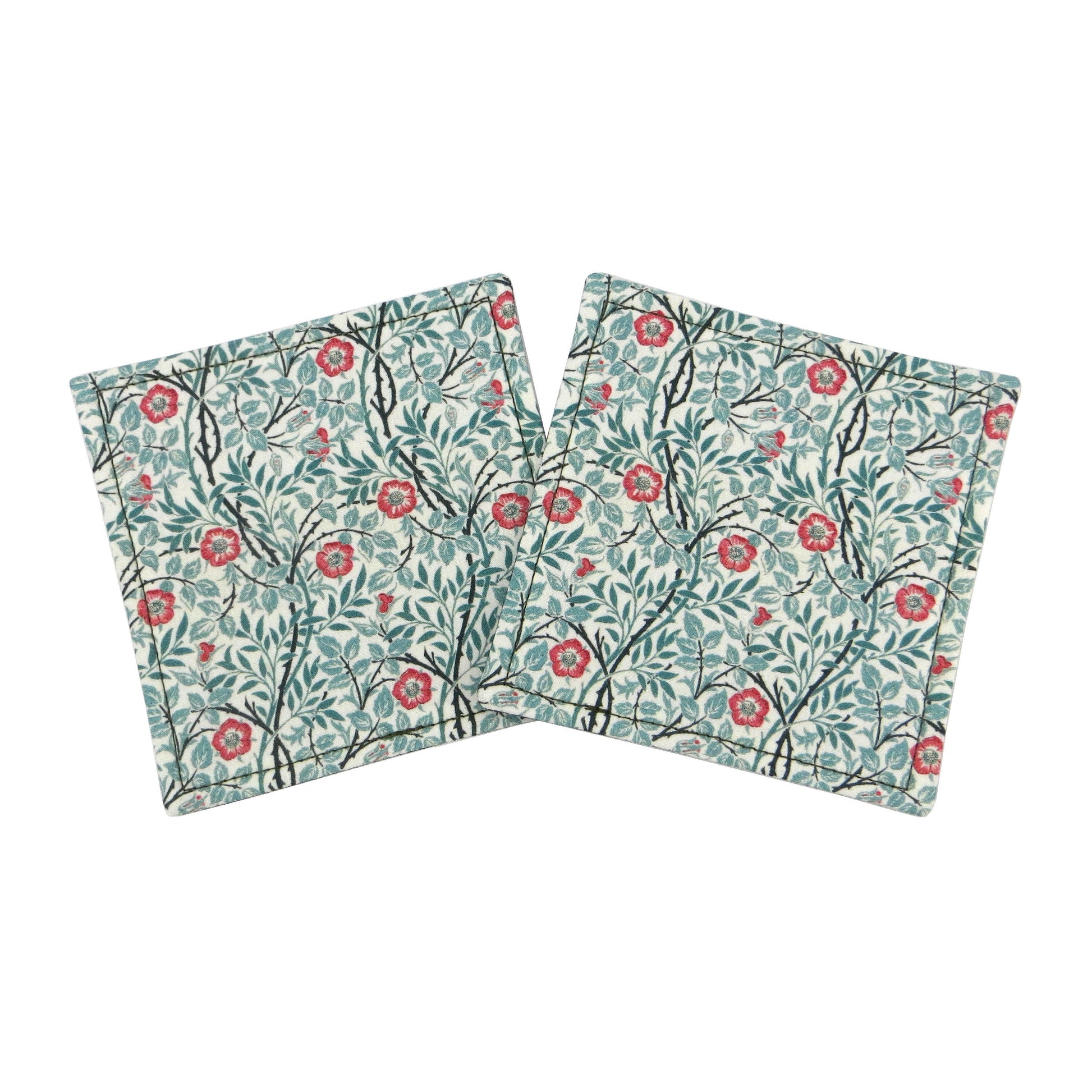 Set of 2 handmade coasters  featuring red flowers and green vines on an off-white background