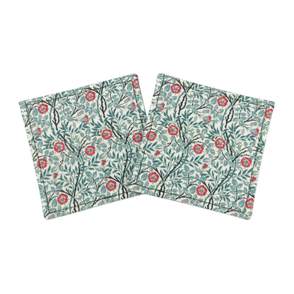 Set of 2 handmade coasters  featuring red flowers and green vines on an off-white background