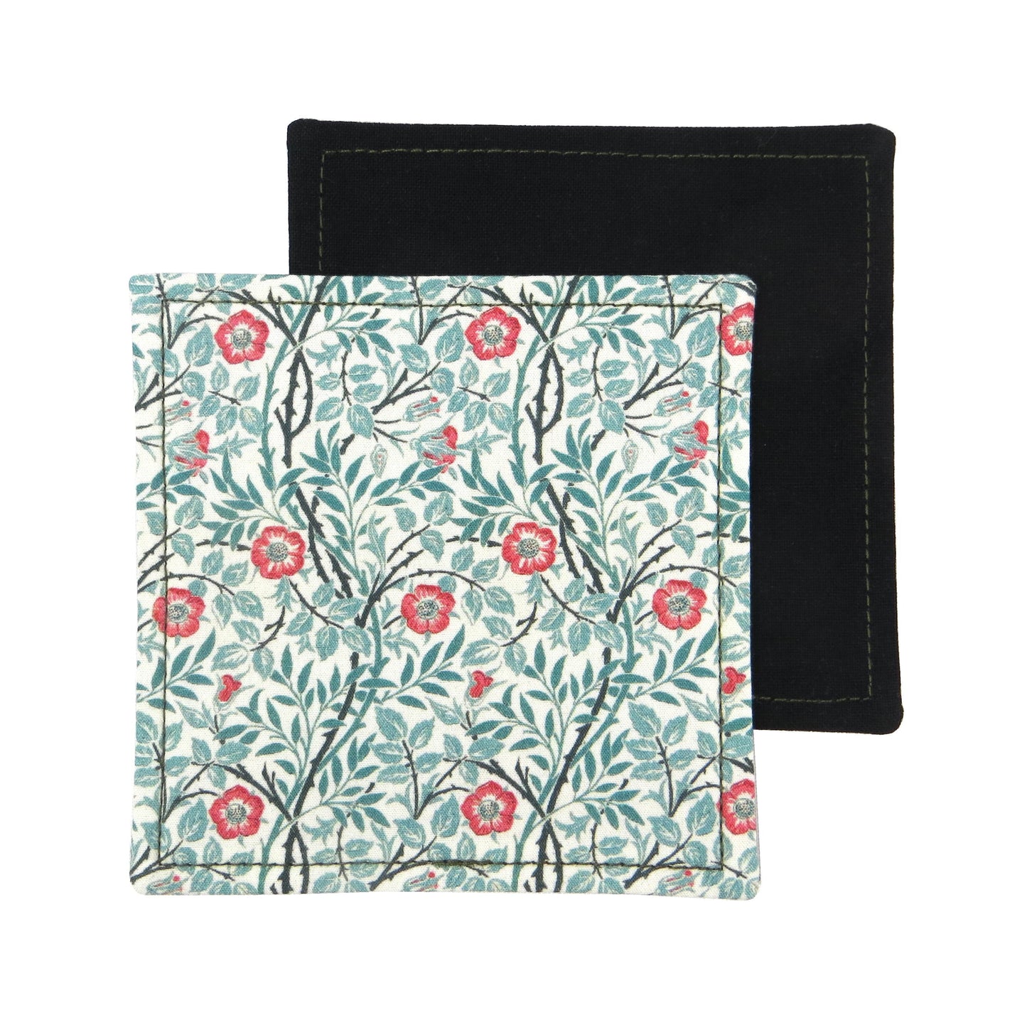 Set of 2 handmade coasters  featuring red flowers and green vines on an off-white background