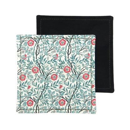 Set of 2 handmade coasters  featuring red flowers and green vines on an off-white background