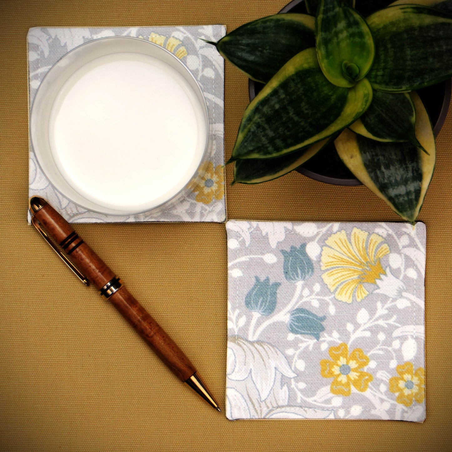 Square Fabric Coaster Set of 2 - Magnolia White and Grey Design