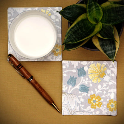 Square Fabric Coaster Set of 2 - Magnolia White and Grey Design