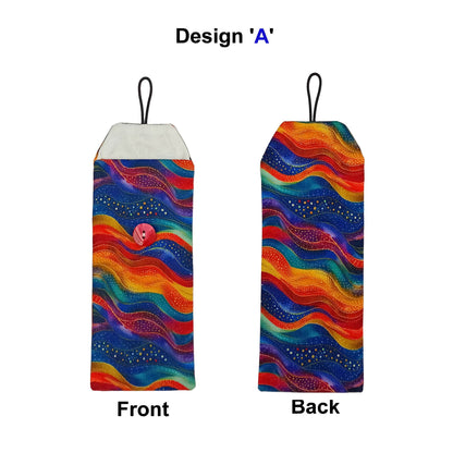 Front and back views of a colourful padded eyeglass pouch with button closures.