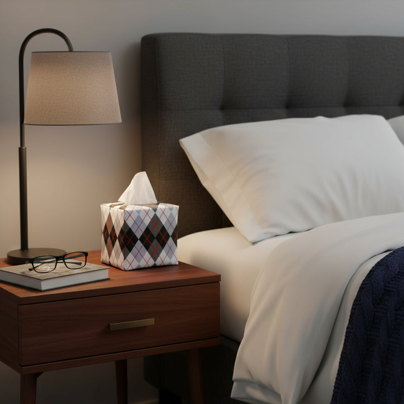 Square tissue box cover sitting on a beside table in a contemporary bedroom