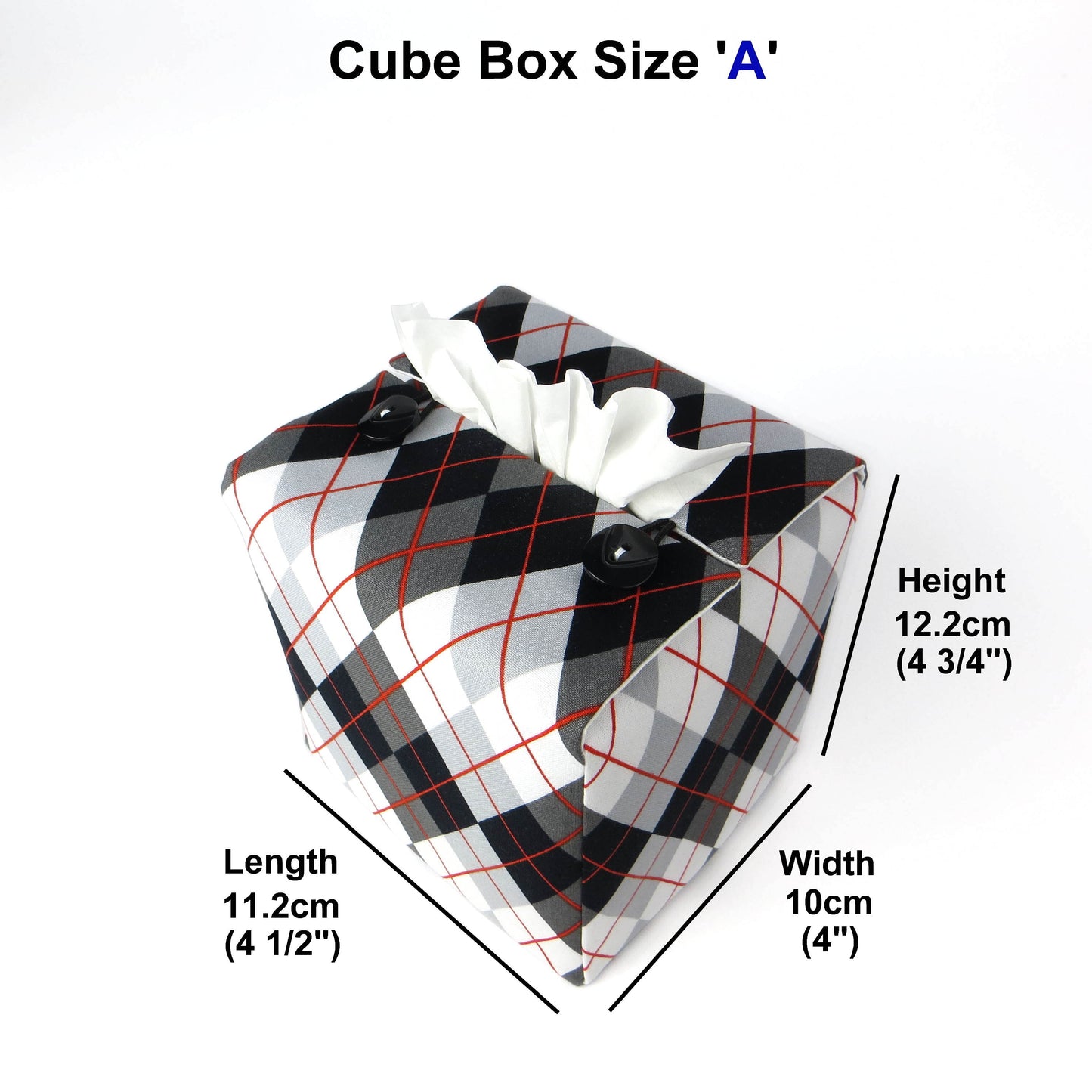 Square tissue box cover with black, grey, and red argyle pattern
