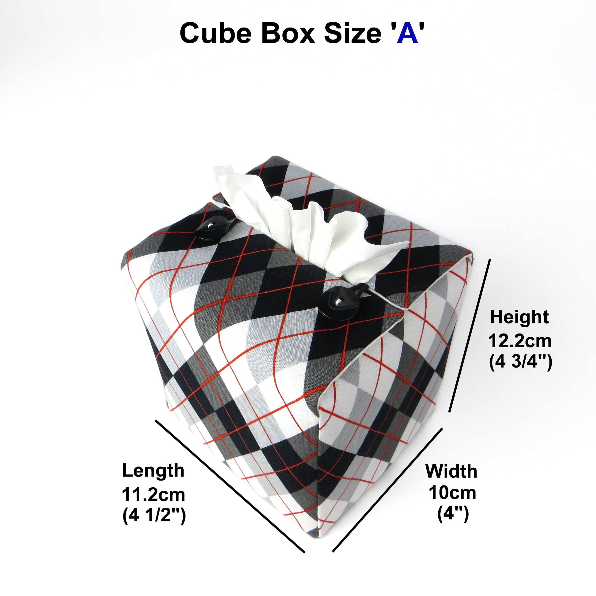 Square tissue box cover with black, grey, and red argyle pattern