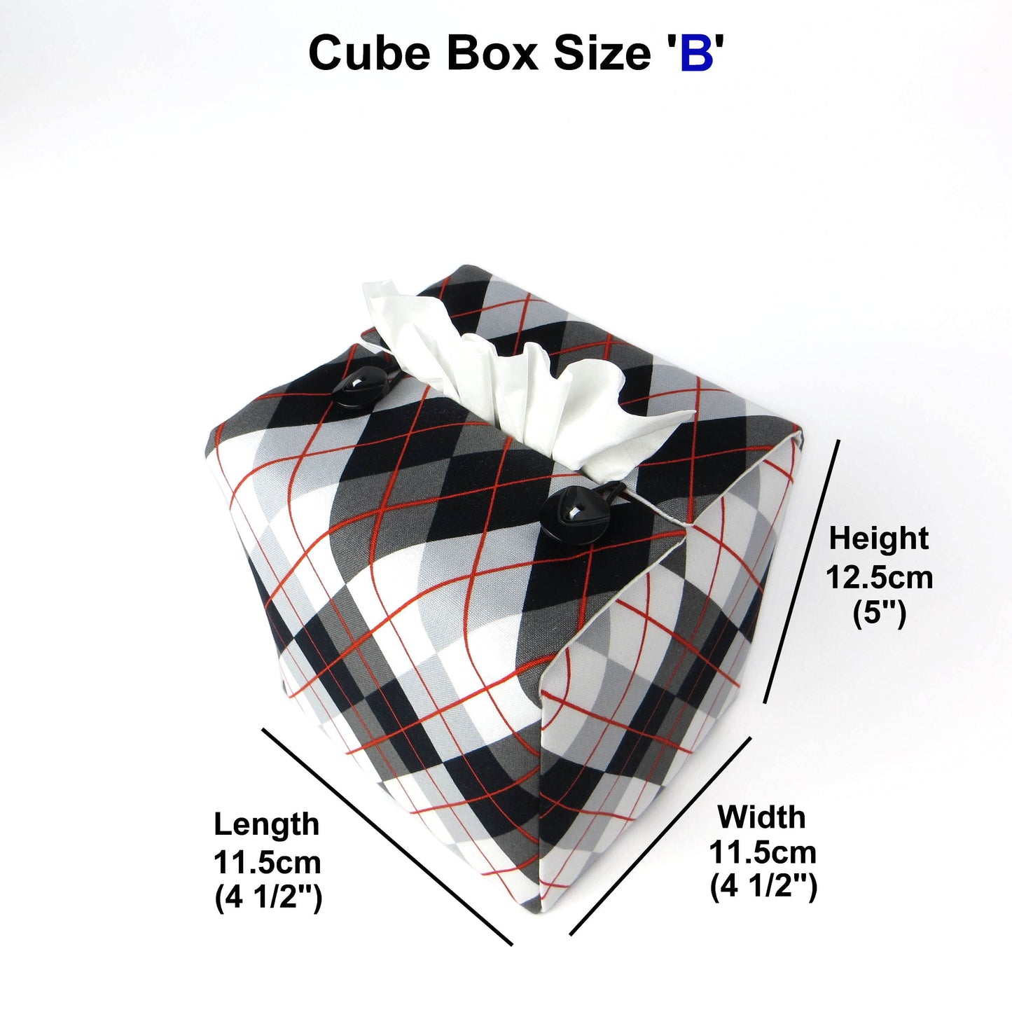 Square tissue box cover with black, grey, and red argyle pattern