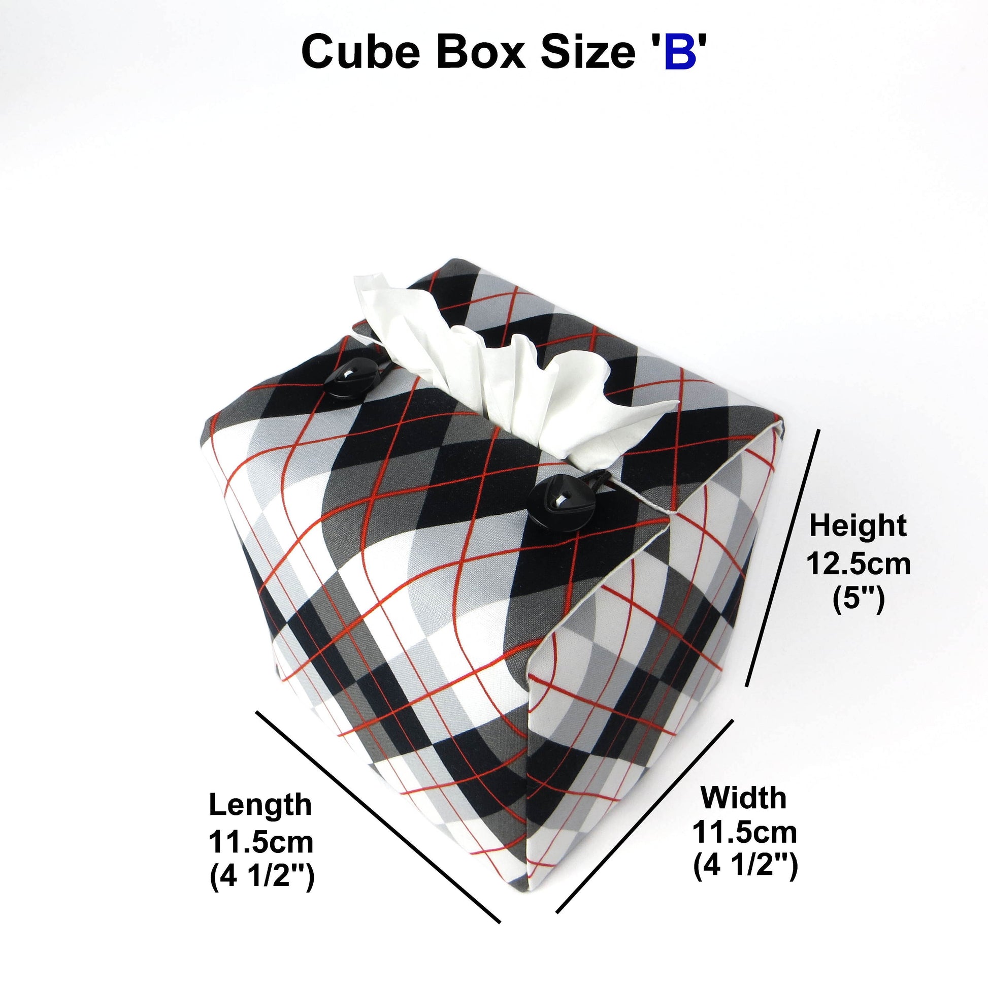 Square tissue box cover with black, grey, and red argyle pattern