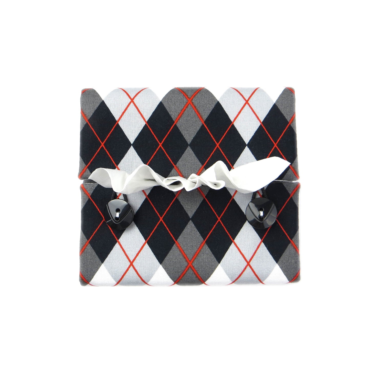 Square tissue box cover with black, grey, and red argyle pattern