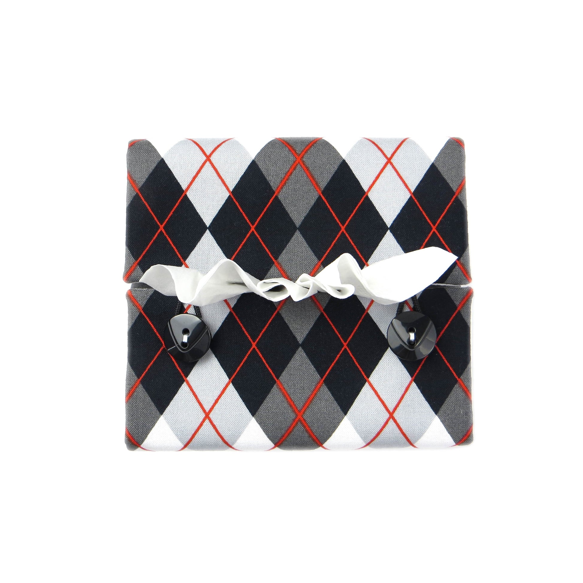 Square tissue box cover with black, grey, and red argyle pattern