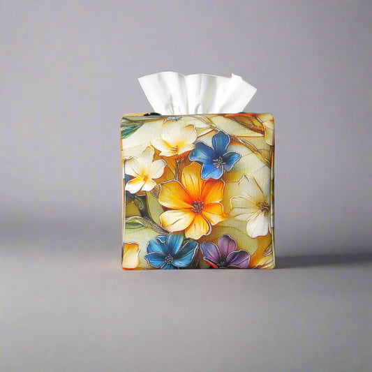 Square tissue box cover with a multi-colour floral design fabric