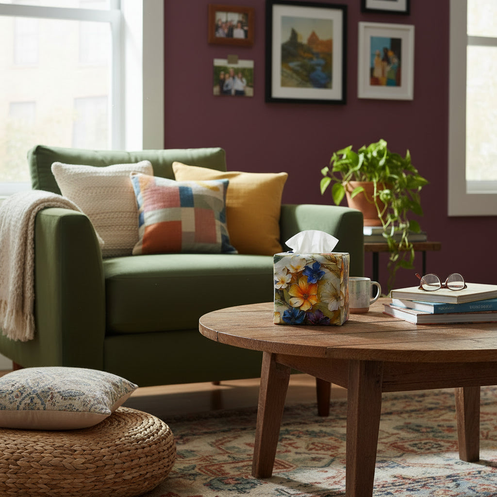 Square tissue box cover sitting on a coffee table in a contemporary home living room