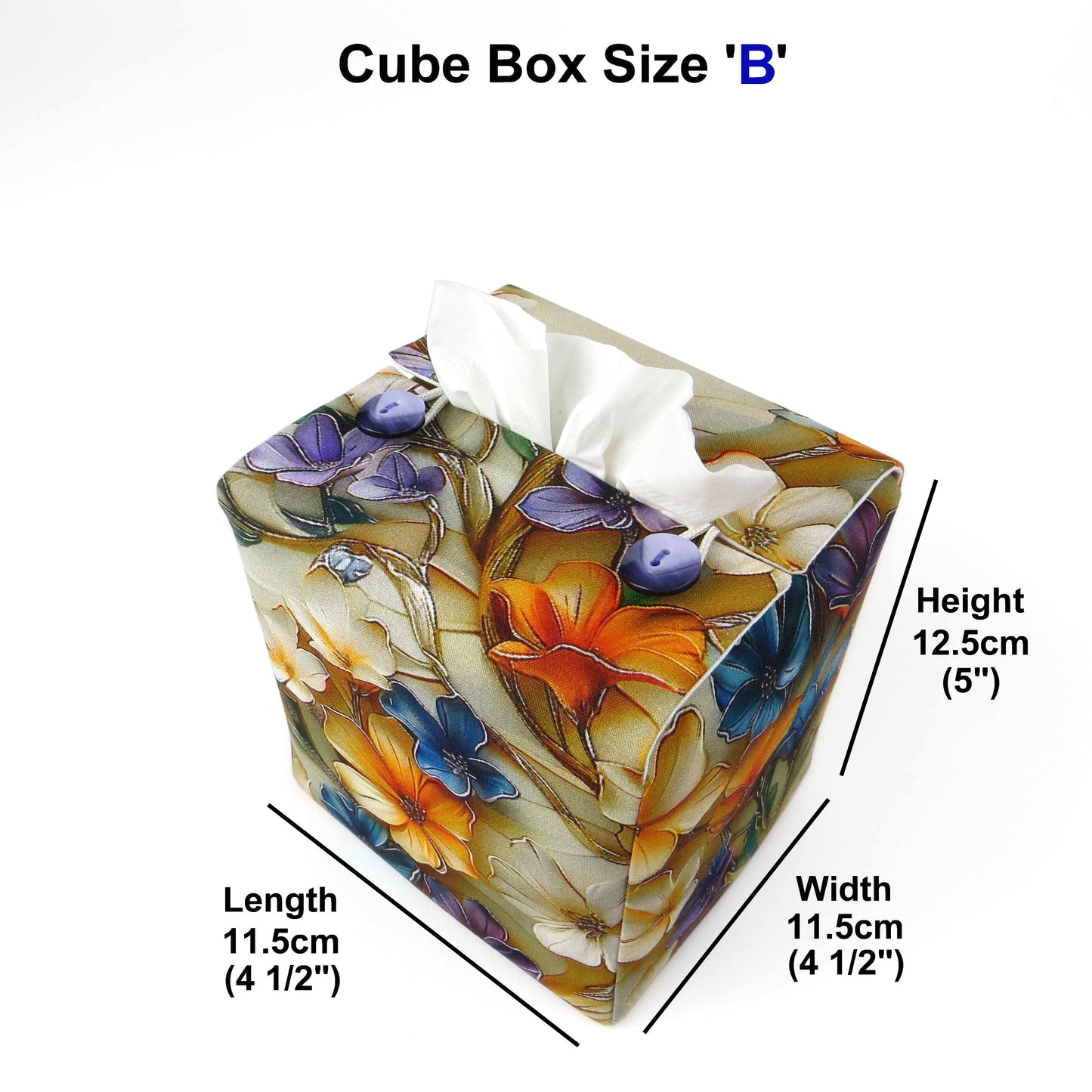 Square tissue box cover with product details