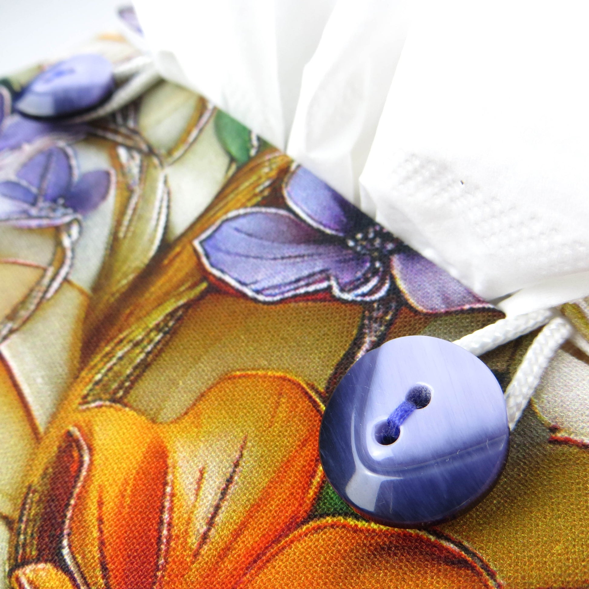 Close up view of square tissue box cover with buttons