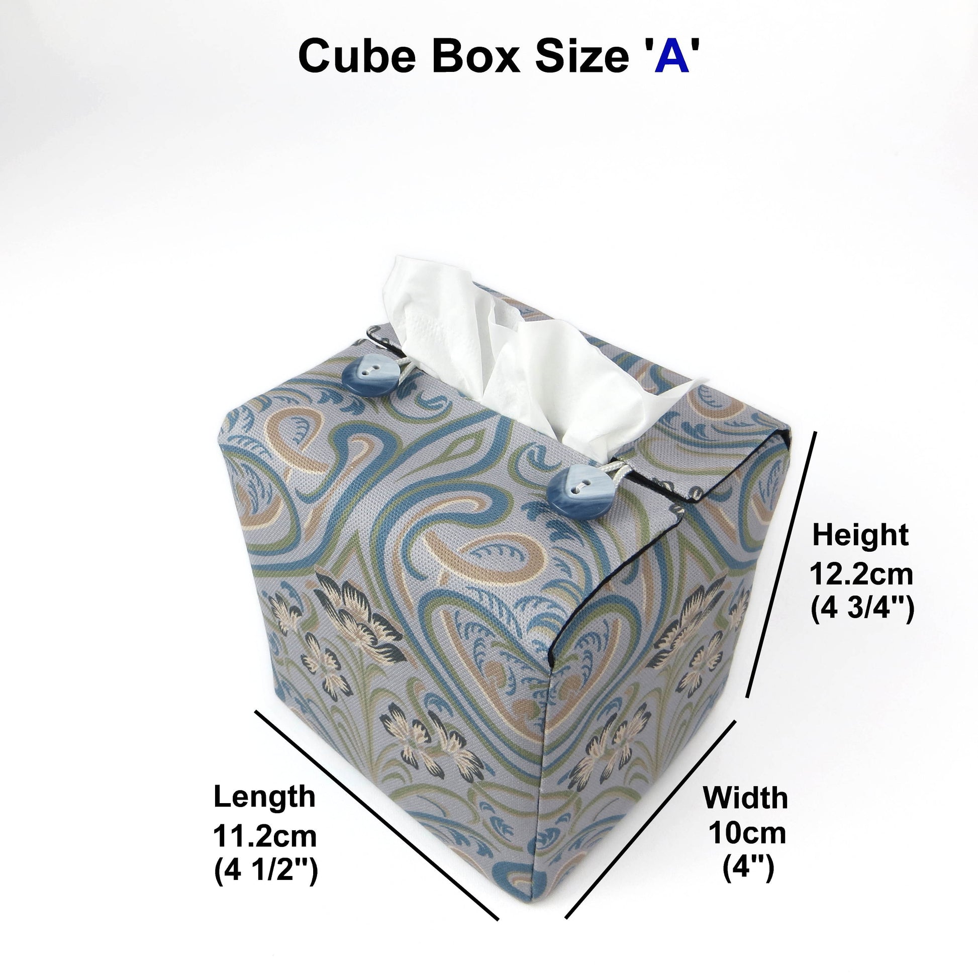 Square tissue box cover with charcoal grey and white flowers with blue, green and taupe Victorian embellishment on blue-grey background