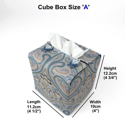Square tissue box cover with charcoal grey and white flowers with blue, green and taupe Victorian embellishment on blue-grey background