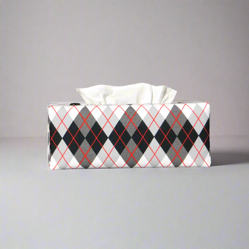 Rectangular tissue box cover with black, grey, and red argyle pattern