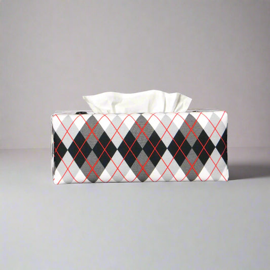 Rectangular tissue box cover with black, grey, and red argyle pattern