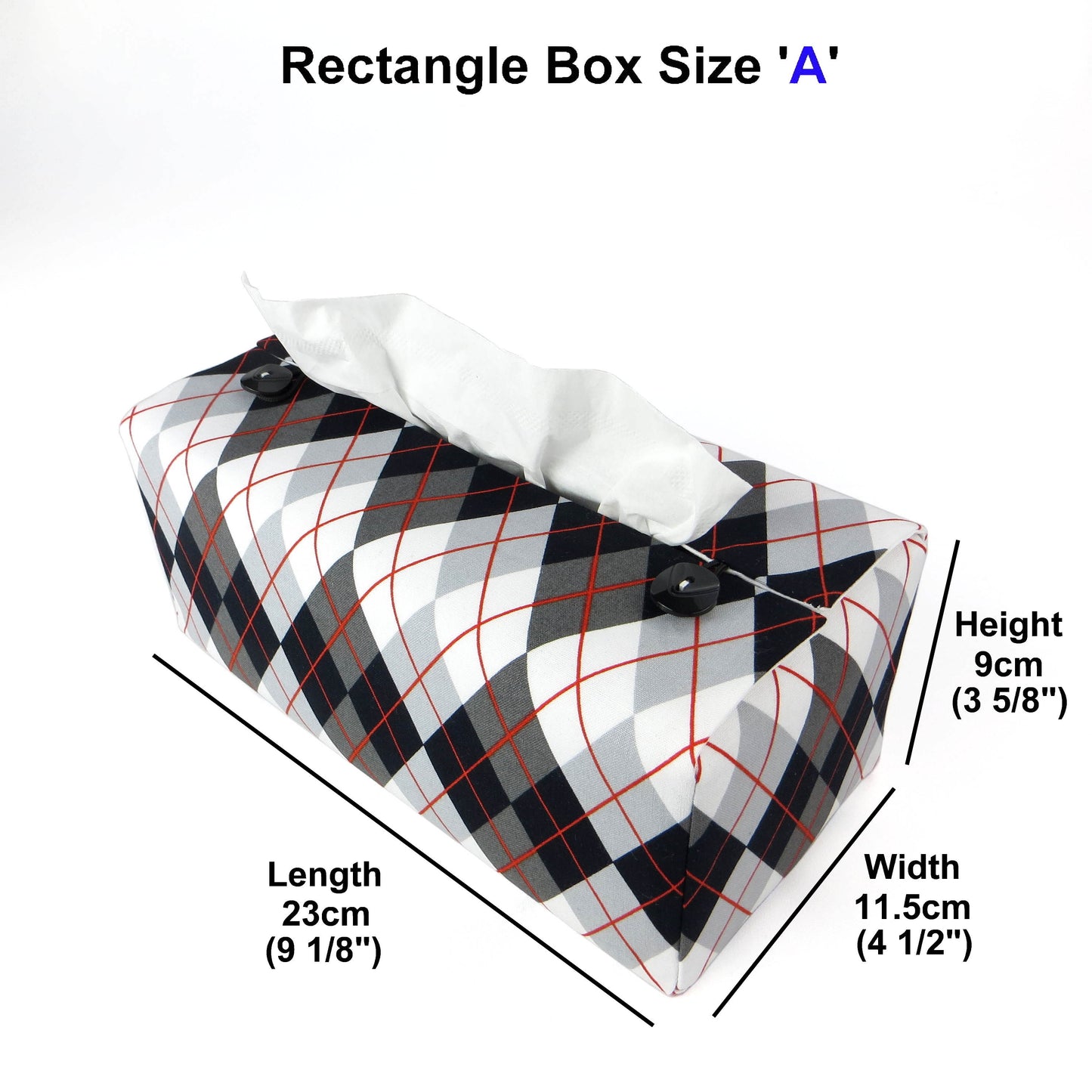 Rectangular tissue box cover with black, grey, and red argyle pattern