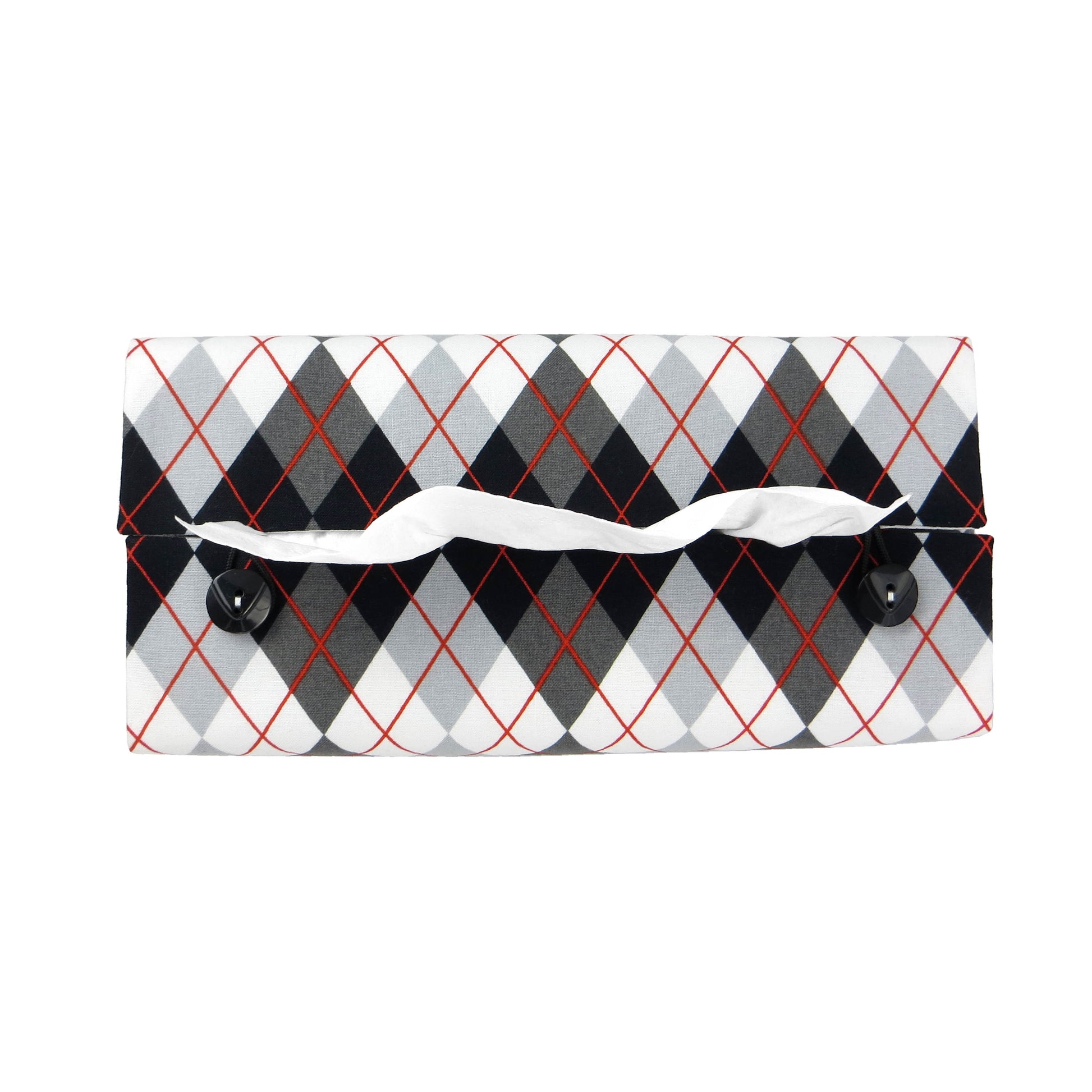 Rectangular tissue box cover with black, grey, and red argyle pattern