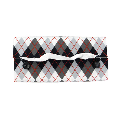 Rectangular tissue box cover with black, grey, and red argyle pattern