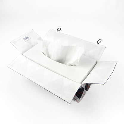 Rectangular tissue box cover with black, grey, and red argyle pattern