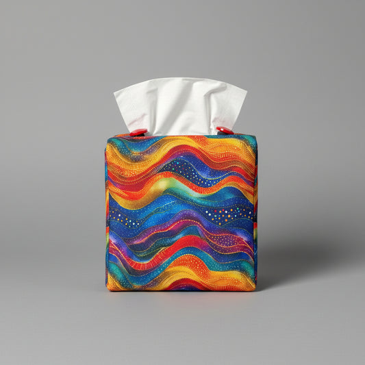 A colourful wave design square tissue box cover sitting on a grey background.