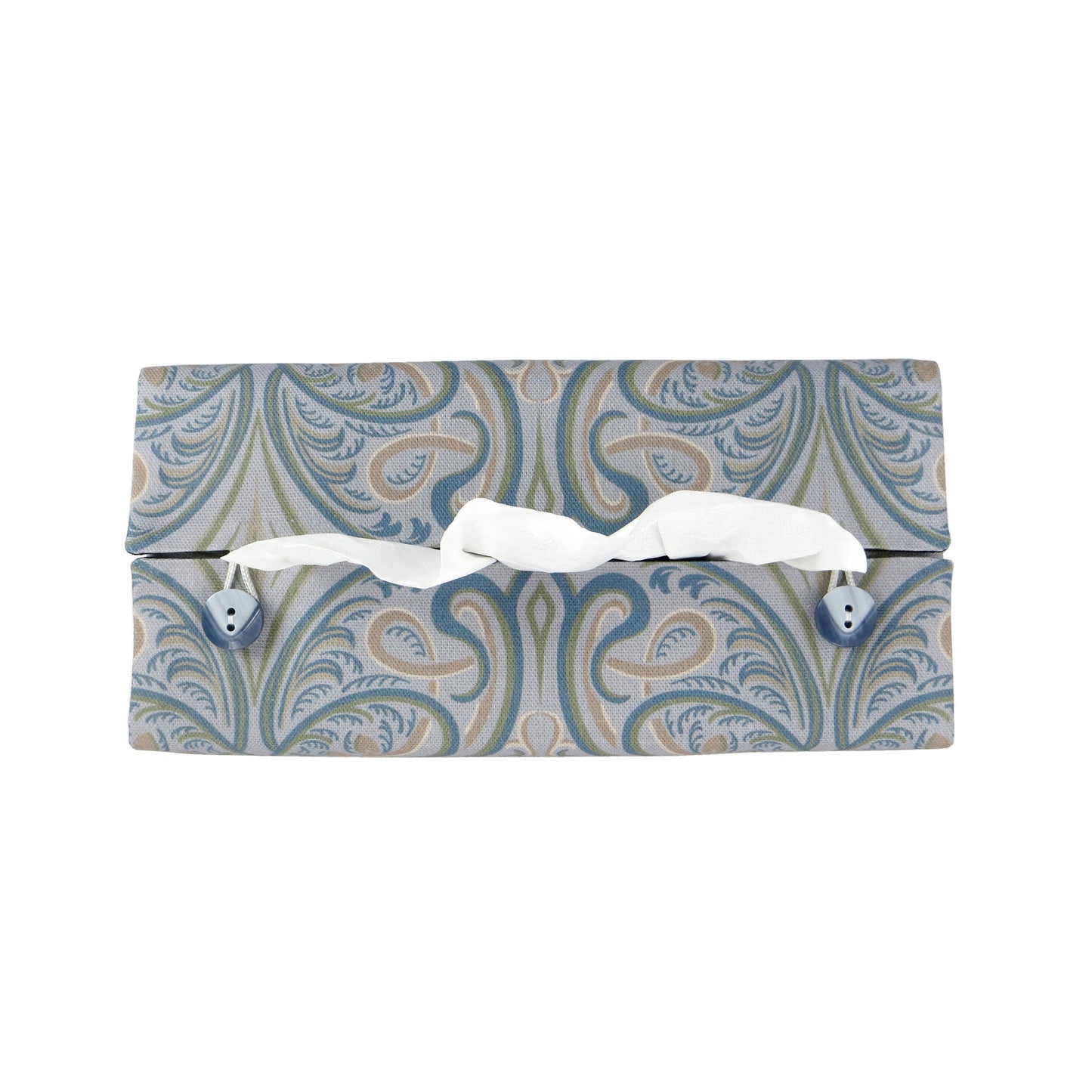 Rectangular tissue box cover with charcoal grey and white flowers with blue, green and taupe Victorian embellishment on blue-grey background