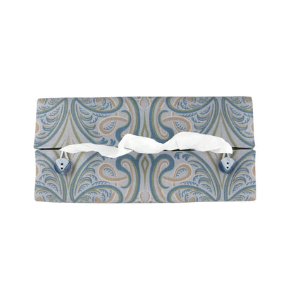 Rectangular tissue box cover with charcoal grey and white flowers with blue, green and taupe Victorian embellishment on blue-grey background