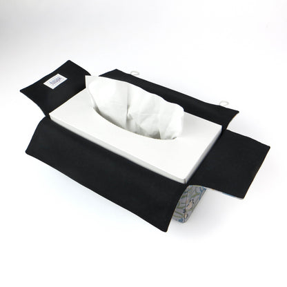 Rectangular tissue box cover with charcoal grey and white flowers with blue, green and taupe Victorian embellishment on blue-grey background