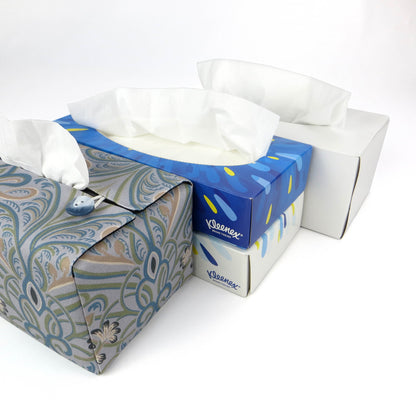 Rectangular tissue box cover with charcoal grey and white flowers with blue, green and taupe Victorian embellishment on blue-grey background