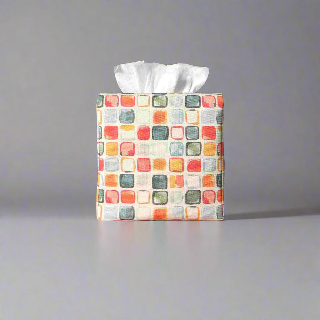 Cotton square tissue box cover  with multicolour watercolour-style squares 