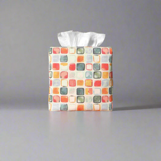 Cotton square tissue box cover  with multicolour watercolour-style squares 