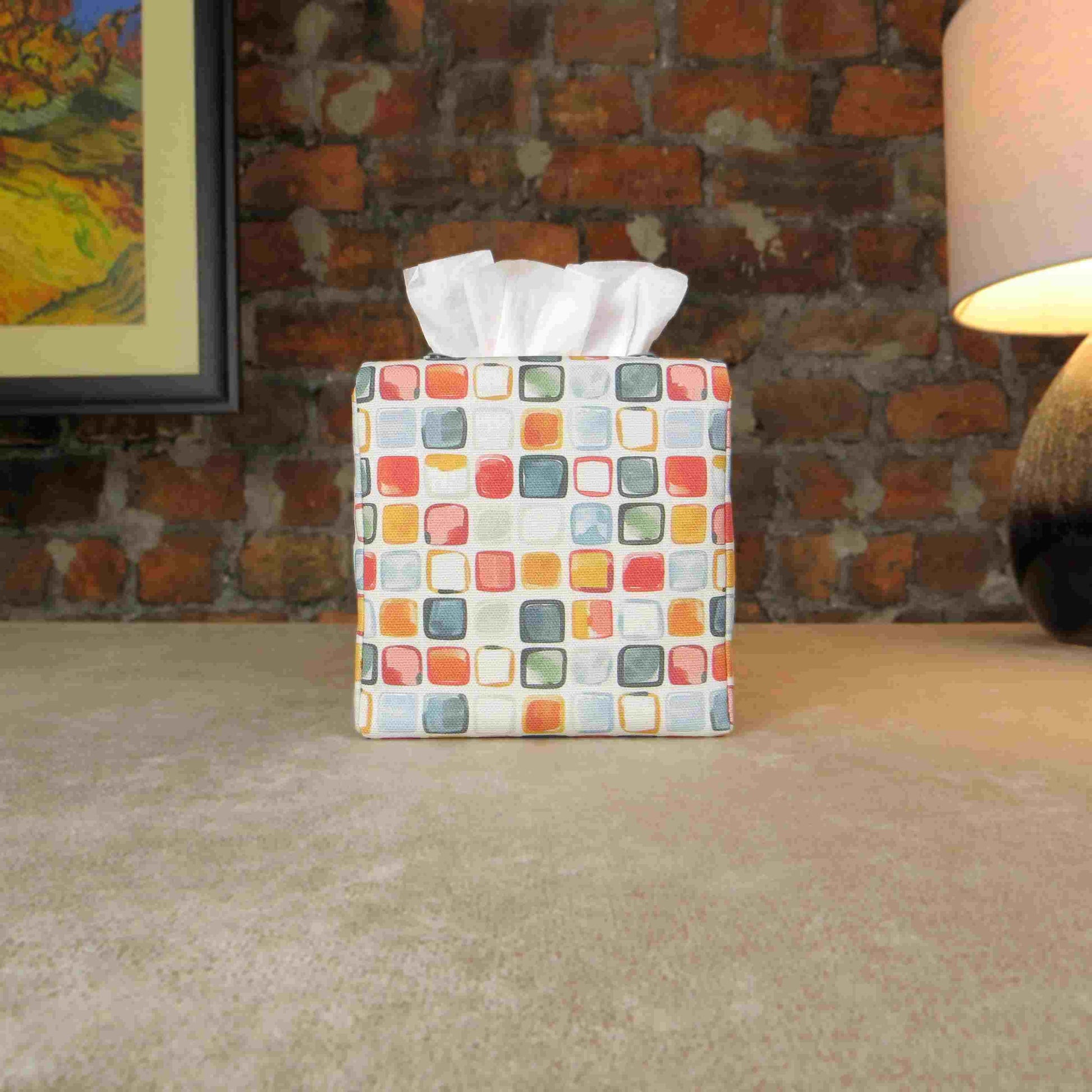 Cotton square tissue box cover  with multicolour watercolour-style squares 