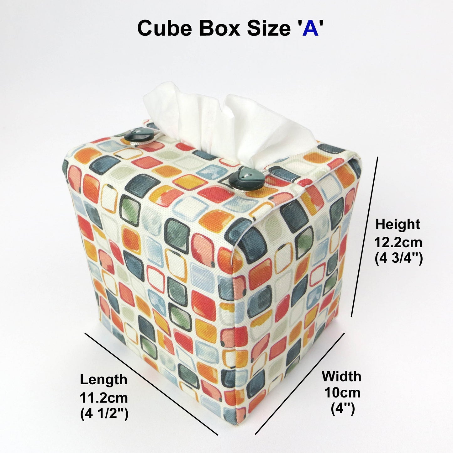 Cotton square tissue box cover  with multicolour watercolour-style squares 