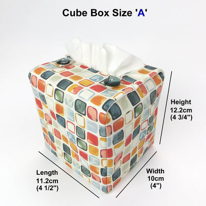 Cotton square tissue box cover  with multicolour watercolour-style squares 