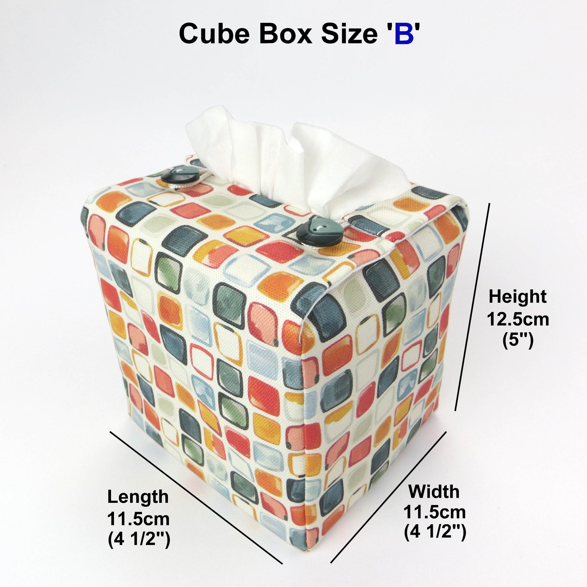 Cotton square tissue box cover  with multicolour watercolour-style squares 