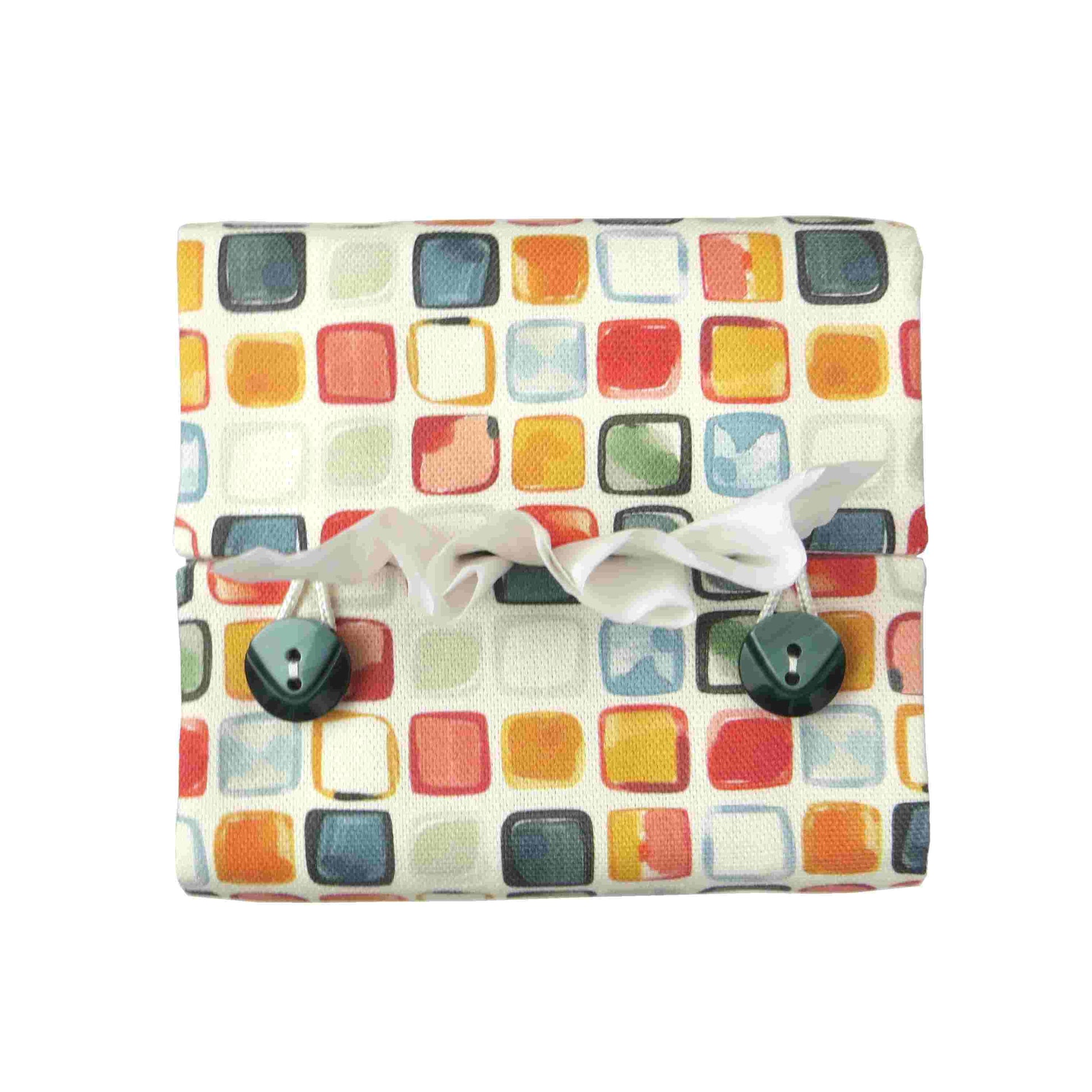 Cotton square tissue box cover  with multicolour watercolour-style squares 