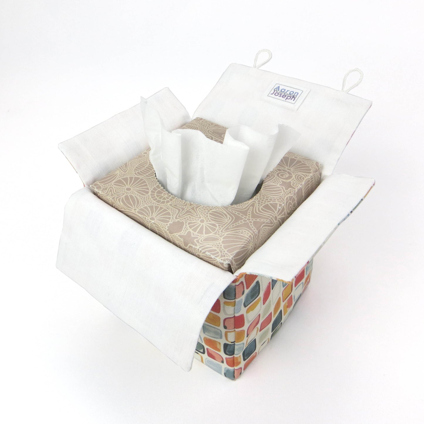 Cotton square tissue box cover  with multicolour watercolour-style squares 