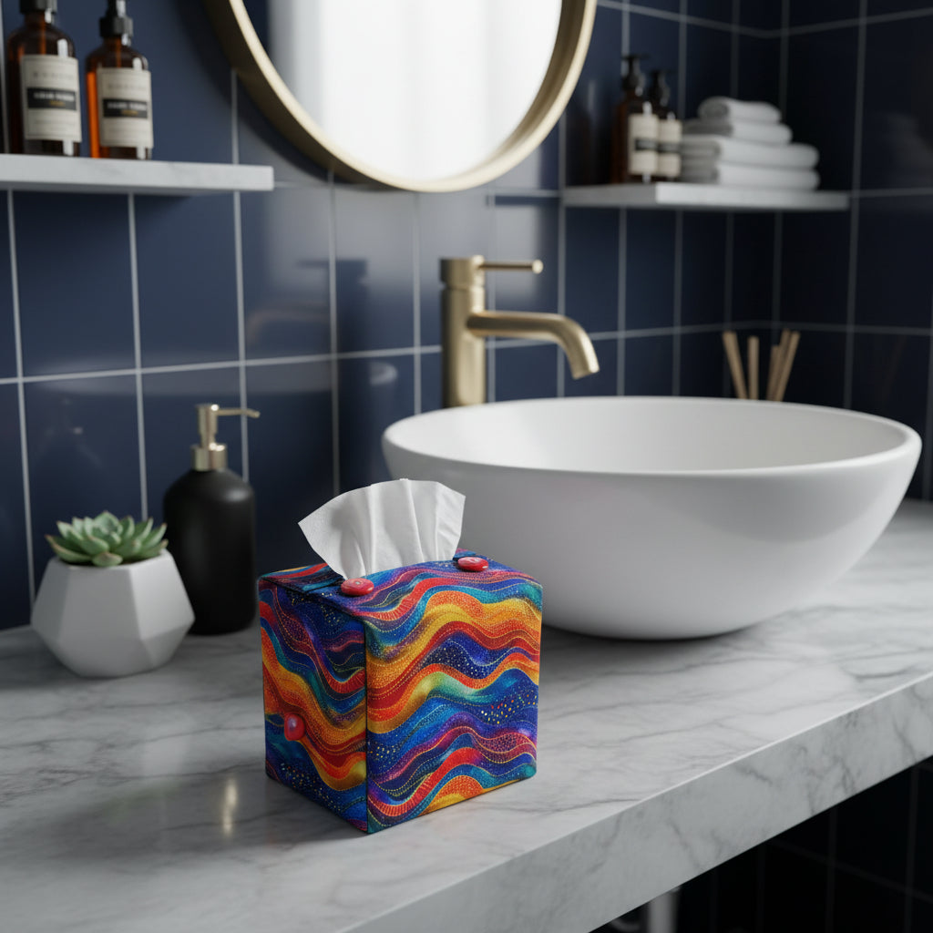 A colourful square tissue box cover sitting on a bathroom counter