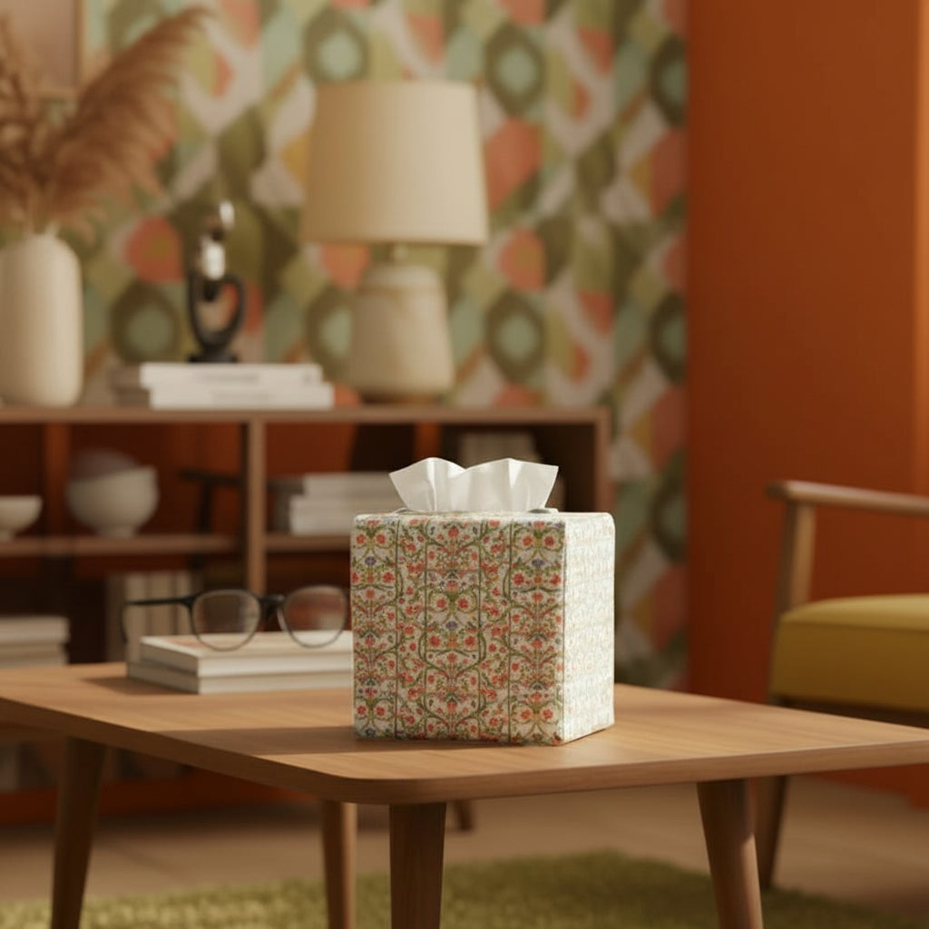 Linen square tissue box cover sitting on a coffee table in a contemporary home living room