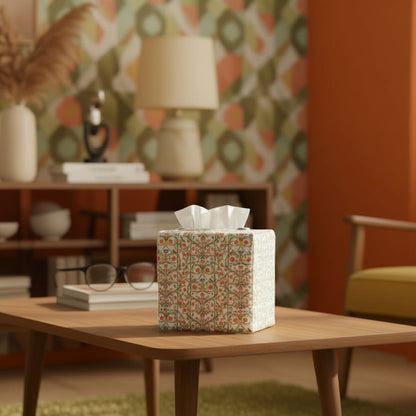 Linen square tissue box cover sitting on a coffee table in a contemporary home living room