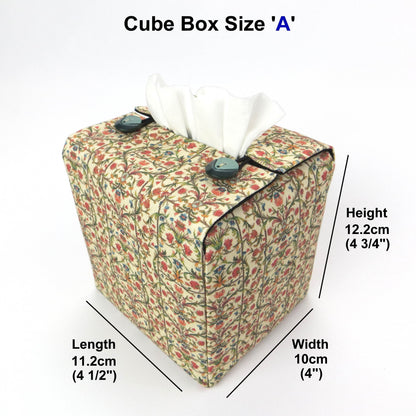 Linen square tissue box cover with product details
