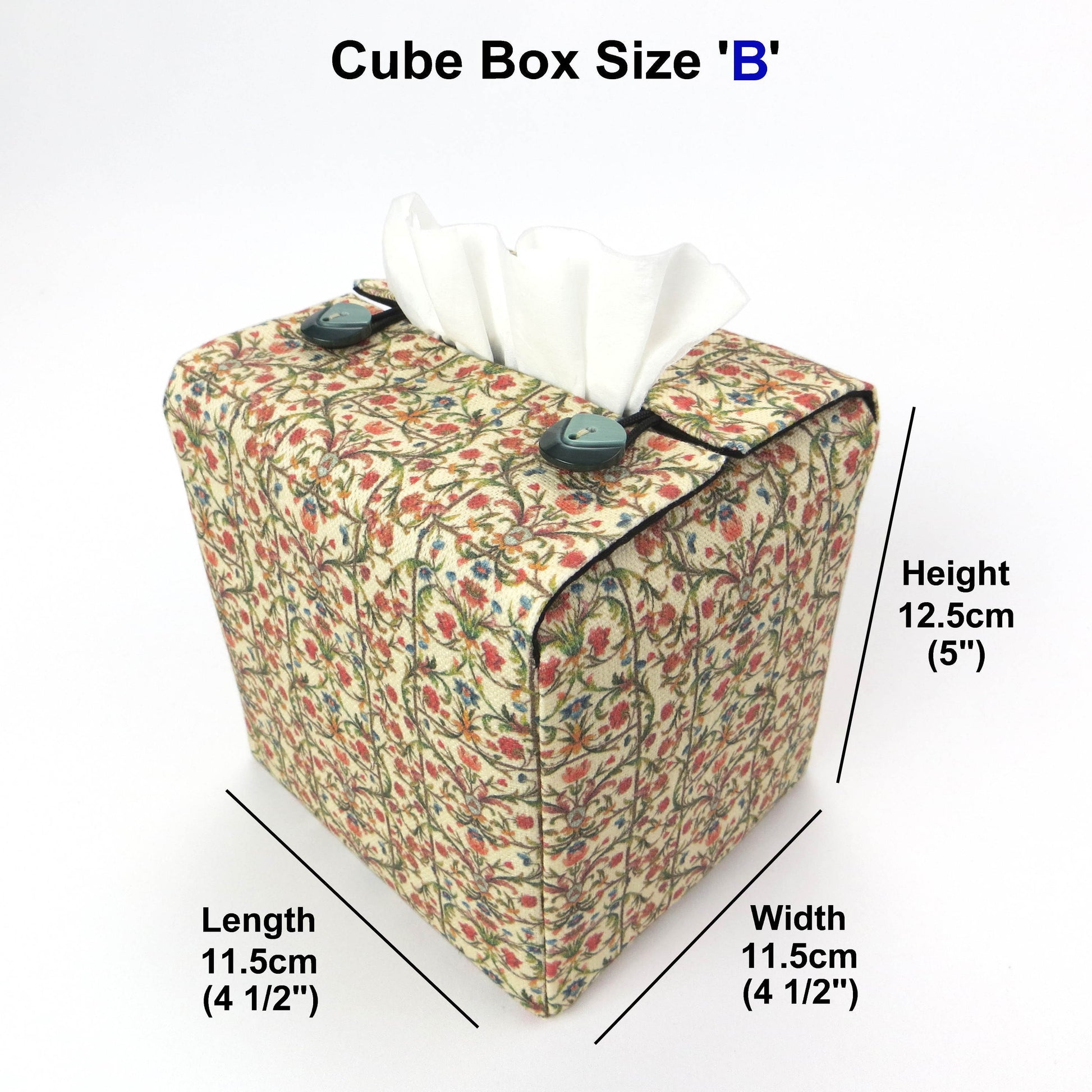 Linen square tissue box cover with product details