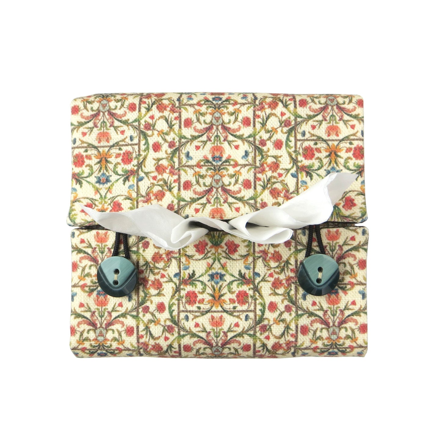 Top view of linen square tissue box cover with buttons