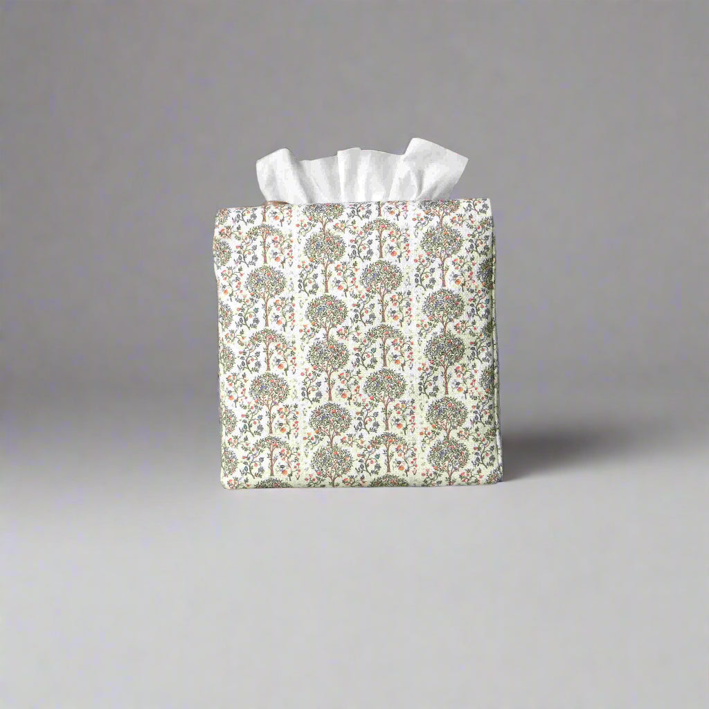 Linen square tissue box cover with a mini orchard grove pattern