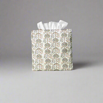 Linen square tissue box cover with a mini orchard grove pattern