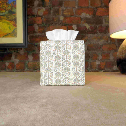 Linen square tissue box cover with a mini orchard grove pattern