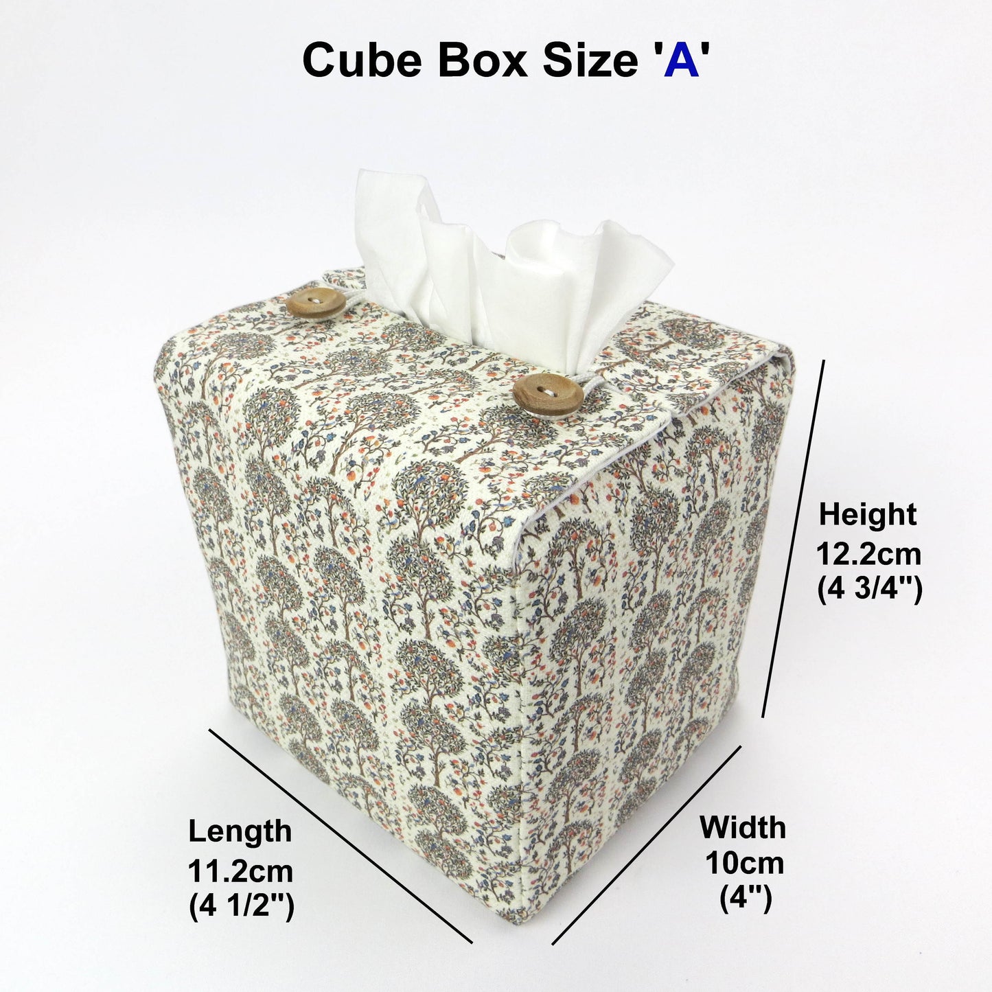 Linen square tissue box cover with a mini orchard grove pattern