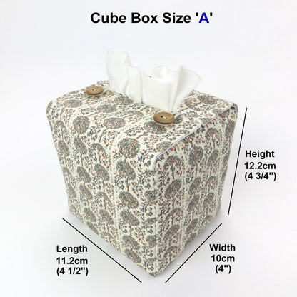 Linen square tissue box cover with a mini orchard grove pattern